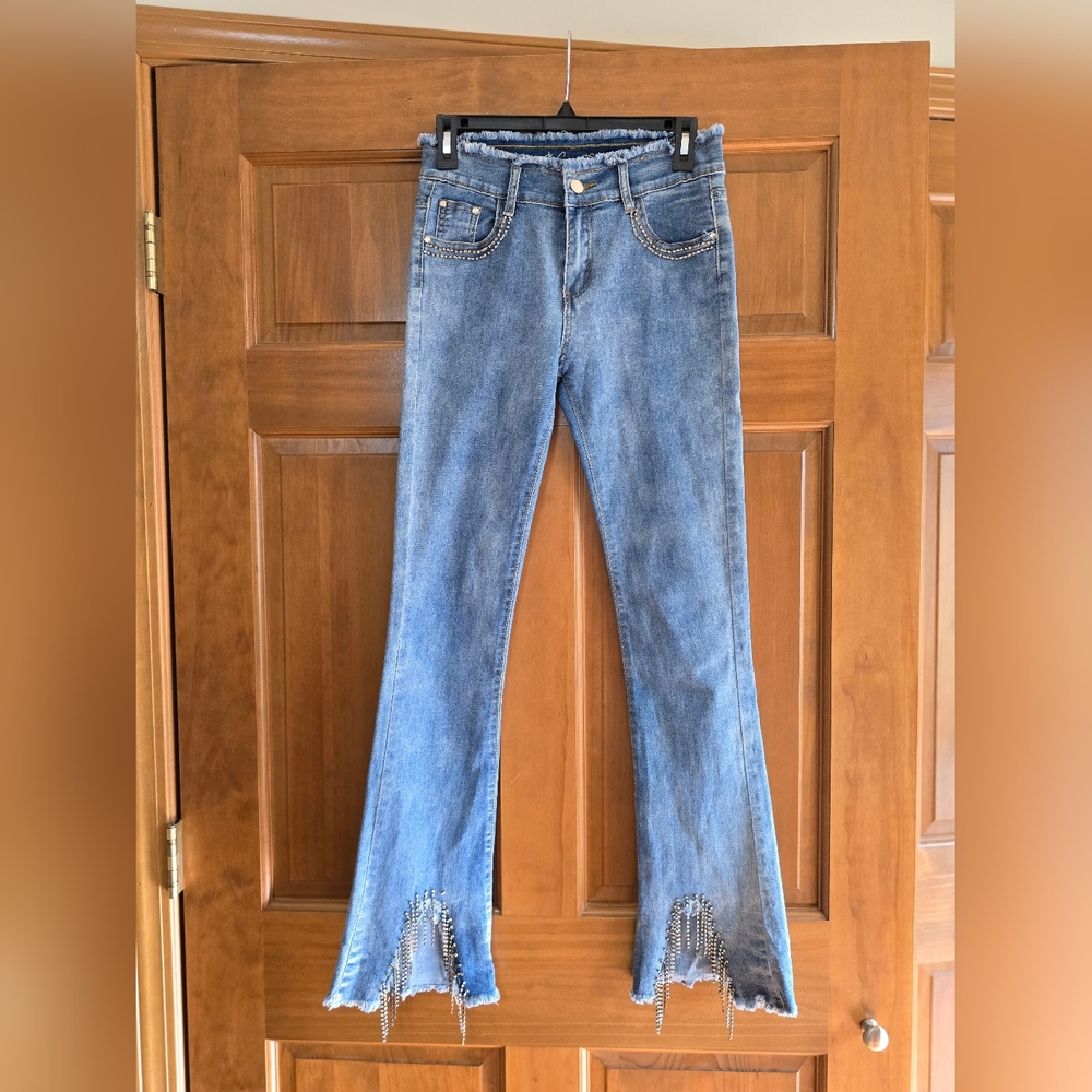 MISS DAREEN High Rise Rhinestone Fringe Split Hem Flare Jeans - Y2K Maximalist